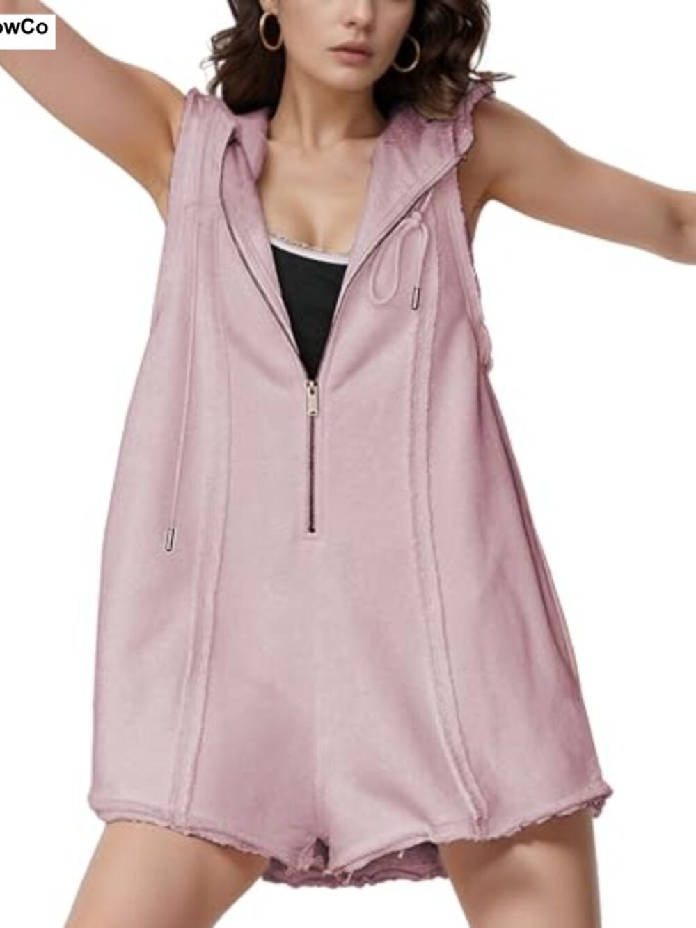 Women's Sleeveless Athletic Romper Hooded Jumpsuit French Terry Cotton